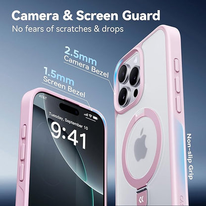 CASEKOO Designed for iPhone 16 Pro Case with Magnetic Invisible Stand [Military Drop Protection] [Compatible with MagSafe] Shockproof Slim Matte Translucent Case 6.3 Inch, Pink