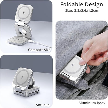LULULOOK 3 in 1 Wireless Charger, Foldable Charging Station 15W Fast Mag-Safe Charger for Apple 15 14 13 12, 5W for Apple Watch, AirPods 3/2/Pro