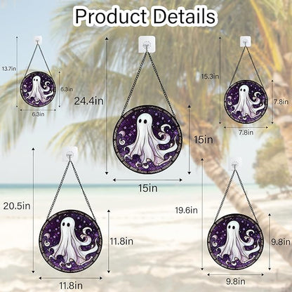 DASTOLL Stained Glass Window Hanging - Halloween Decorations White Ghost Purple Stars Suncatcher for Doors Garden Spooky Funny Sun Catchers Gothic Decor Horror Gifts for Women Men Friend 7.8 in