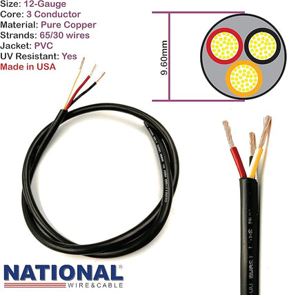 NATIONAL Wire & Cable – 12 AWG 3-Conductor Premium Copper Wire, 250 ft, Stranded | Made in USA, Heavy-Duty Flexible Jacket | Automotive, Solar, Home, RV, Indoor and Outdoor Use