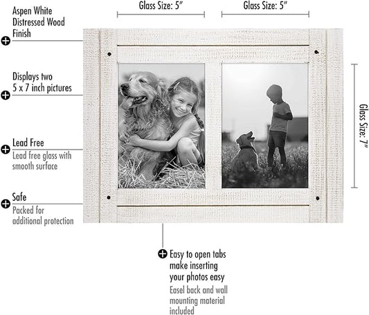Americanflat Hinged 5x7 Double Picture Frame with 2 Photo Openings and Polished Glass - Distressed Wood Collage Picture Frames for Tabletop and Wall Display - Hampton Collection - Aspen White