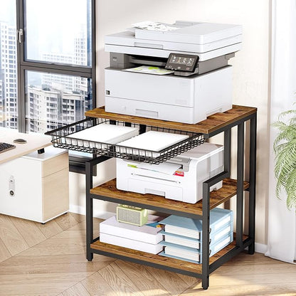 HOOBRO 23.6'' x 19.7'' Extra Large Printer Stand with Drawer, Printer Table with Adjustable Shelf, 3-Tier Printer Cart with Storage, for Heat Press Scanner Fax, Rustic Brown and Black BF10PS01