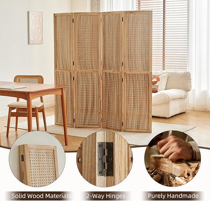 Leesinwing 4 Panel Wooden Room Dividers, 5.6FT High Plug-in Folding Screen Made of Natural Wood, Pegboard Display for Bedroom and Shopping Malls and Jewelry Stores, Light Brown