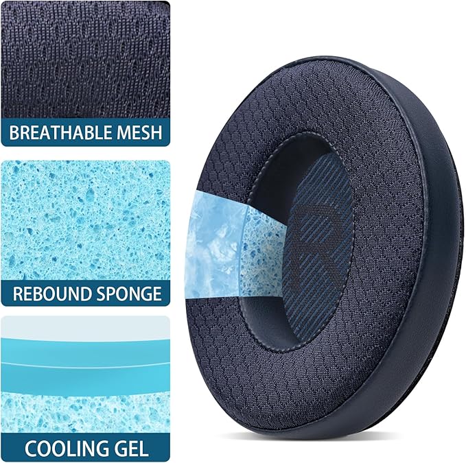 Cooling Gel Headphones Replacement Ear Pads for Bose Quiet Comfort QC35, Mesh Soccer Net Fabric Breathable Sports Fabric, Extra Thick & Cooler for Longer, Softer Memory Foam - Blue