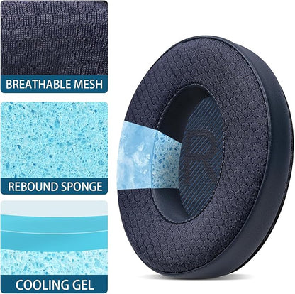 Cooling Gel Headphones Replacement Ear Pads for Bose Quiet Comfort QC35, Mesh Soccer Net Fabric Breathable Sports Fabric, Extra Thick & Cooler for Longer, Softer Memory Foam - Blue