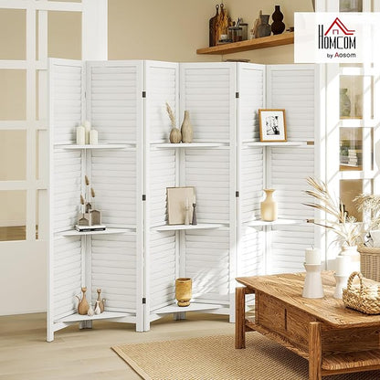 HOMCOM Room Divider, 6 Panel 67" Tall Wood Privacy Screen with 3 Display Shelves, and Folding Storage for Bedroom or Home Office, White