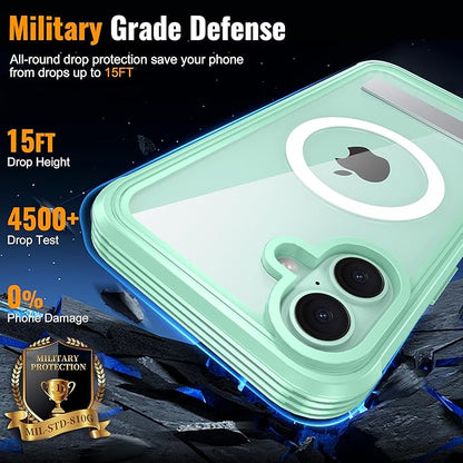 360° Protection Magnetic for iPhone 16 Case Built-in 9H Privacy Screen Protector & Metal Stand[Fit for Magsafe][Anti-Spy][Lens Protector] Heavy Duty Shockproof Phone Case for iPhone 16(Green)