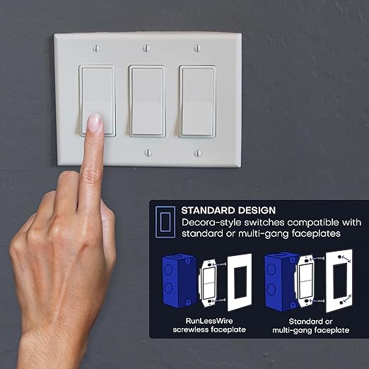 RunLessWire Single Pole Battery-Free DIY Wireless Light Switch Kit 150ft RF Range Self-Powered by Kinetic Energy for Fixtures & Outlets : 1 Remote Switch Controls 1 5A On/Off Receiver – Light Almond