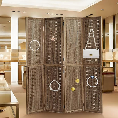 Leesinwing 4 Panel Wooden Room Dividers, 5.6FT High Plug-in Folding Screen Made of Natural Wood, Pegboard Display for Bedroom and Shopping Malls and Jewelry Stores, Dark Brown