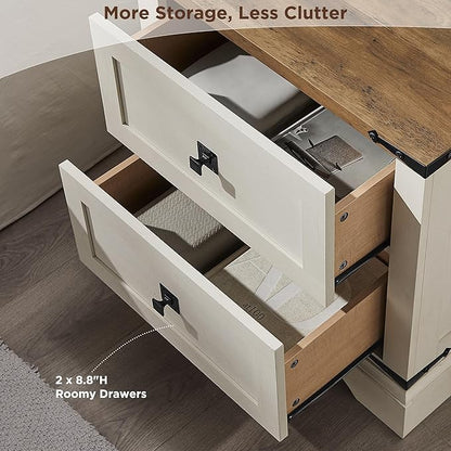 T4TREAM 24" Farmhouse Nightstand with Charging Station Set of 2, Large End Table with 2 Storage Drawers, Rustic Wood Sofa Bedside Table for Bedroom, Antique White