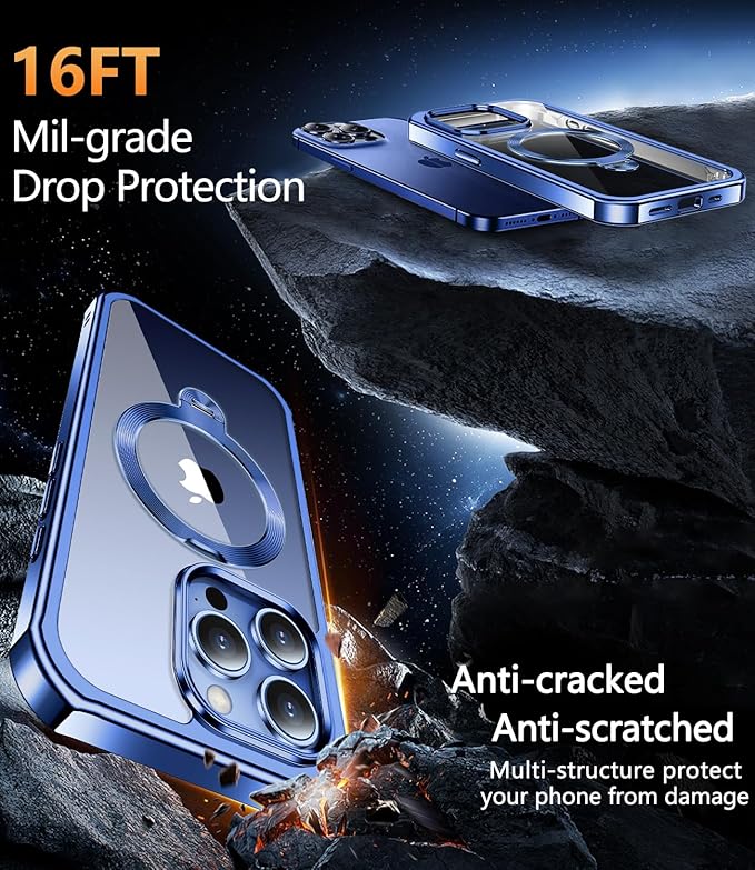 [360° Rotatable CD Stand & Built-in Privacy Screen Magnetic Case for iPhone 15 Pro Max[Compatible with MagSafe&Full Signal] Mil-Grade Shockproof Full Body Anti-Spy Cover for 15 Pro Max-Blue