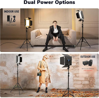 D50 Photography Lighting with Barn Door, 2-Pack 15.4" LED Video Light with Remote, 45W 3000K-8000K Dimmable Bi-Color Panel Light for Live Streaming/Wedding Shooting/Video Recording/Studio/Film