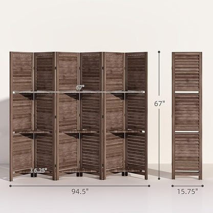 HOMCOM Room Divider, 6 Panel 67" Tall Wood Privacy Screen with 3 Display Shelves, and Folding Storage for Bedroom or Home Office, Walnut
