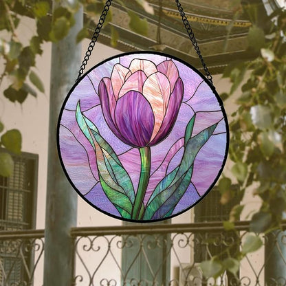 DASTOLL Stained Glass Window Hanging 4 Pcs Set Purple Flower Theme Large 11.8" - Tulip Suncatcher Door Garden Sun Catcher Decor Birthday Christmas for Plant Lovers Woman Nana Men