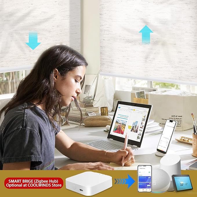 COOLWINDS Motorized Blinds with Remote Cordless Automatic Motorized Shades Custom Blinds for Windows Smart Curtains Compatible with Alexa Google Home(Light Filtering Linen Sandy Beach,W43 x H72in)