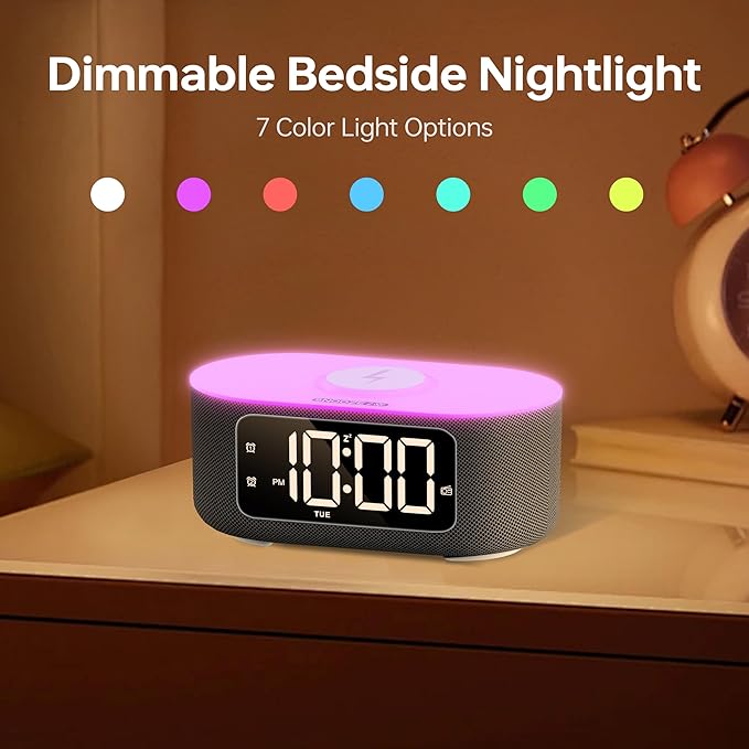 JALL Fabric Alarm Clock for Bedroom, with Big Led Screen Display, Bluetooth Stereo Sound Speaker, FM Radio, Fast Wireless Charging, USB Charging Port, Nightlight, White Noise, Ideal for Gift, Black
