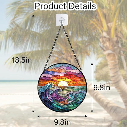 DASTOLL Stained Glass Window Hanging, Clouds and Sea Waves Suncatcher Diamond Glass Panel Hangings Scenery Sun Catchers Decor for Birthday for Women, Men, Wife, Aunt, and Mom 9.8 in