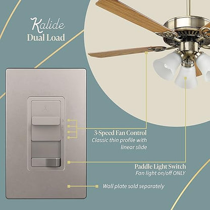 TOPGREENER Kalide Light Switch and 3-Speed Ceiling Fan Control Combo, in Wall Light and Fan Combination Switch, Single Pole, 2.5A, 720W, Neutral Wire Not Required, TGSFS3-NK, Nickel