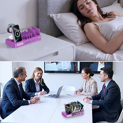 600w Charging Station for Multiple Devices, 15 in 1 Wireless Charger with 2pack 100w USB C Charger Cable, Dual 100w USB C Tablet Charging Station for MacBook,iPhone,iPad,Tablet(Purple)