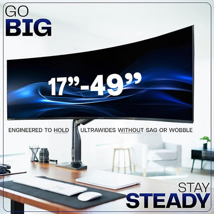 VIVO Aluminum Ultrawide Monitor Stand, Classic + USB, Fits up to 49 inch Screens, Single Articulating Pneumatic Arm, USB Ports, C-Clamp and Grommet Desk Mount, Max VESA 200x100, Black, STAND-V100HU