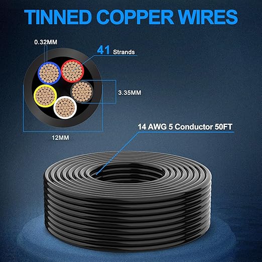 NAOEVO 14 Gauge Wire 5 Conductor Electrical Wire, 14 AWG Stranded PVC Cord, 12V Low Voltage/Tinned Copper/Flexible Cable for Automotive Wiring, Lamp Cord, Marine Cable (50FT)