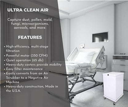 Extract-All Mobile HEPA Air Scrubber and Negative Air Filter Machine, for Industrial Commercial Medical Contamination, Isolation Rooms Usage Heavy Duty Fume Extractor and Source Capture Purifier