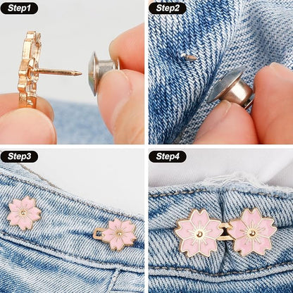 TOOVREN Pant Waist Tightener - Jean Button Tightener, No Sew & No Tools, Adjustable Instant Button Pins 4 Sets, Cherry Blossoms