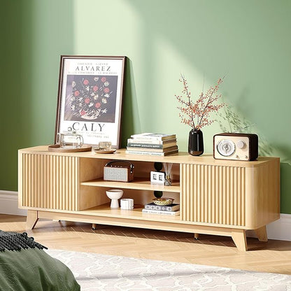 VINGLI 58.6" TV Stand for 70 Inch TV, Mid Century Entertainment Center with Fluted Sliding Doors and Open Storage, Elegant Media Console for Living Room, Oak