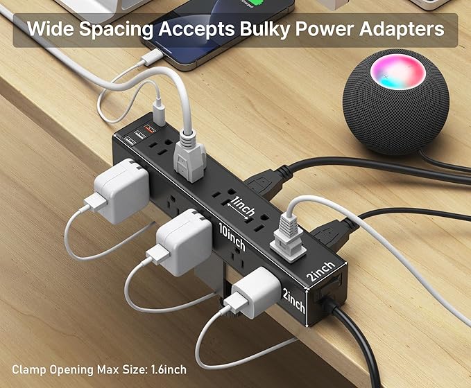 CCCEI Standing Desk Clamp Power Strip with 15 Outlets, Widely Spaced Desktop Edge Mount Surge Protector Outlet, Fast Charging USB-A and USB-C Ports, 10 FT Flat Plug, Fit 1.6 inch Table top. Black