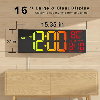 JALL 16" Large Digital Wall Clock, RGB Color with Big LED Display,Remote Control, DST, Count Down Timer, Alarm, Temperature, Mounted for Classroom, Living Room, Birthday Gift, Senior