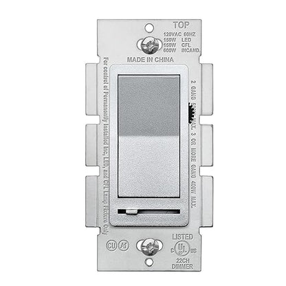 BESTTEN Matte Silver Dimmer Light Switch, Single Pole or 3-Way, Compatible with Dimmable LED, CFL, Incandescent and Halogen Bulb, 120VAC, Signature Collection Series, UL Listed