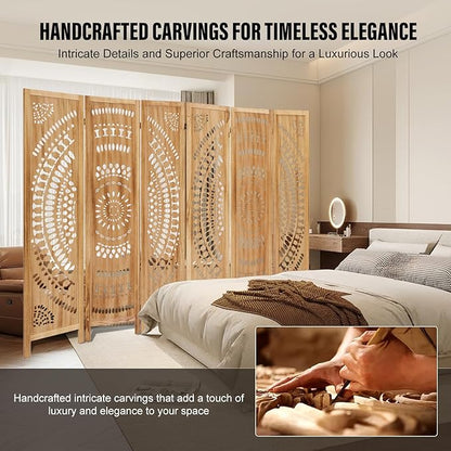 ALeesing 6 Panel Wood Room Divider Fully Assembled, Decorative Room Dividers and Folding Screens, 5.6Ft Room Divider Screen Freestanding Partition Wall Dividers for Home Bedroom Office, Light Brown