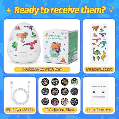 Dinosaur Toys for Kids 3-5 | 15 Sleeping Sounds+12HD Films+7 Colors+360°Rotating | Easter Dinosaur Egg Light Dinosaurs Primal Hatch Boy Toys for Boys Star Projector Sound Machine Egg Light for Nursery