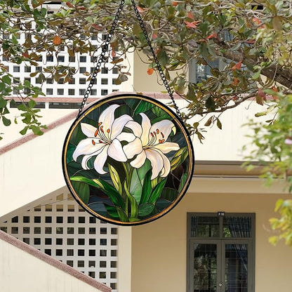 CRISGIF Stained Glass Window Hanging, White Lily Suncatcher for Door Garden Patio Birth Flower Green Plant Sun Catchers Decor Christmas Mother's Day Birthday Gifts for Women Mom Nana Friend 6.3 in