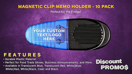 10 Magnetic Memo Holders Set - Customizable Text, Logo - Large Clip, Plastic - TBlue