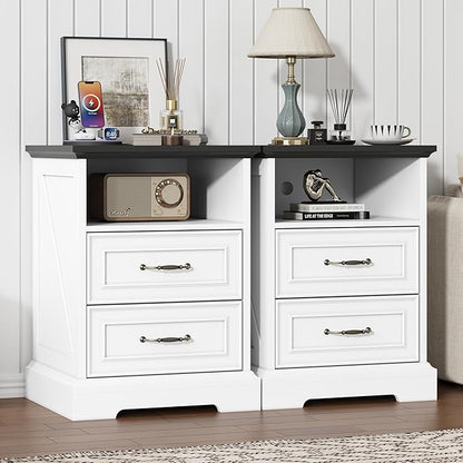 Nightstand with Charging Station Set of 2,18" Wide End Table with 2 Drawers & Metal Handles,Rustic Farmhouse Wood Small Dresser,Bedside Table,Modern Chest of Drawers for Bedroom,Living Room, Off White