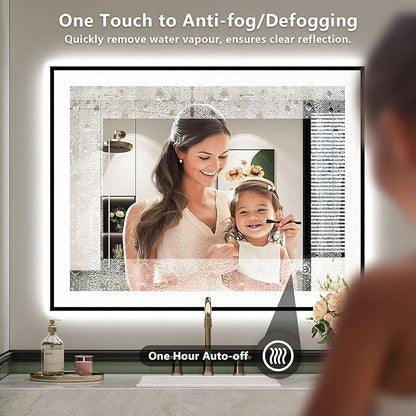 YEELAIT 28x36 Inch LED Bathroom Mirror with Lights (Front Lit and Backlit) Black Framed Lighted Vanity Mirror for Bathroom Wall Dimmable Anti-Fog Memory Tempered Glass Horizontal/Vertical