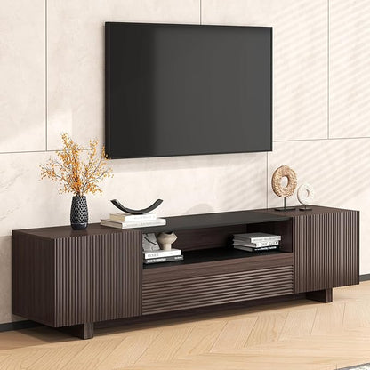 Epecoya TV Stand with Storage Cabinets for Living Room, Modern Wood Fluted TVs Media Console for 55/60/65 Inch TVs, Mid Century Television Stands with Drawer and Open Shelve for Bedroom, Dark Walnut
