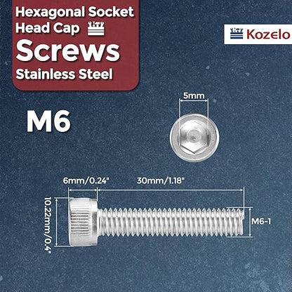 Kozelo 50pcs Socket Head Cap Screws - [M6-1 x 30mm] 304 Stainless Steel Allen Socket Drive for Electrical Motor 3D Printing Fan Engine Replacement Use, Silver