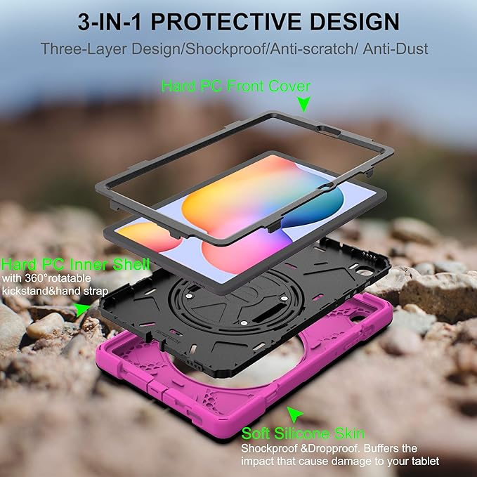 BRAECN for Samsung Galaxy Tab S6 Lite 10.4 Kids Case, Heavy Duty Rugged Cover with [Handle Hand Strap] [Shoulder Strap] [Kickstand] [S Pen Holder] for Galaxy Tab S6 Lite 2024/2022 SM-P610/P620-Rose