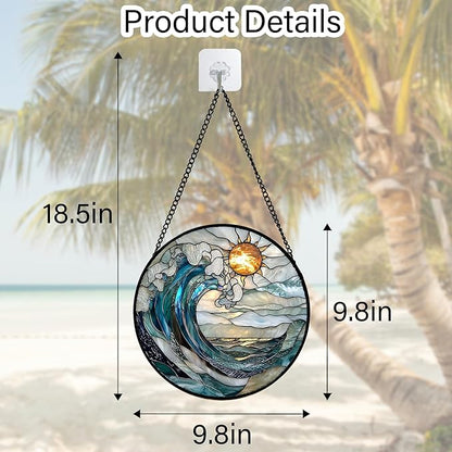DASTOLL Stained Glass Window Hanging, Blue and White Waves Suncatcher Diamond Glass Panel Landscape Sun Catchers Decor for Birthday for Women, Men, Wife, Aunt, and Mom 9.8 in