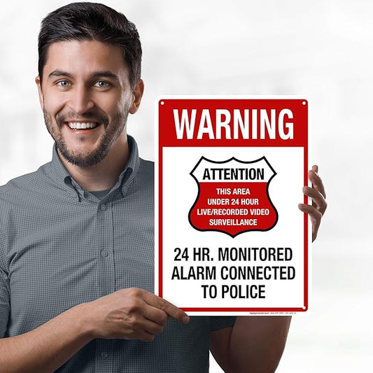 Warning 24 HR. Monitored Alarm Connected To Police Sign, 10x14 Inches, 55 mil thick HDPE (high density polyethylene), Made in USA by My Sign Center