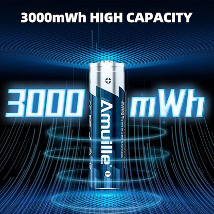 Rechargeable AA Batteries Lithium with Fast Charger, 8 Pack 1.5V 3000mWh Double A Batteries Rechargeable Lithium AA Battery with Charging Storage Box for Blink Outdoor Xbox and electronic devices