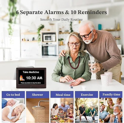 7'' Dementia Clock For Seniors, Large Display Digital Clock With Date, Time, Day Of Week for Elderly, Alzheimer, 1024*600P HD, 10 Reminders & 6 Alarms, Auto Dimming & DST, Remote Control, Brown