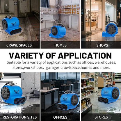 BSMTEK Air Mover Blower Fan, Industrial 1/3HP 1200CFM Monster Floor Blower Carpet Dryers - 3 Speeds Switch, 4 Adjustable Angles, 10FT Long Cord, Stackable - 2026 Upgraded