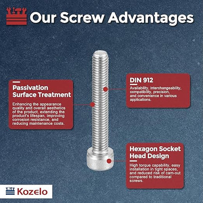 Kozelo 10pcs Socket Head Cap Screws - [M8-1.25 x 55mm] 304 Stainless Steel Allen Socket Drive for Electrical Motor 3D Printing Fan Engine Replacement Use, Silver