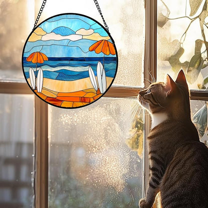 AMDERVEN Stained Glass Window Hanging 4 Pcs Set Blue Ocean Surfing Beach 6.3" - Suncatcher Door Garden Sun Catcher Decor Birthday Mother's Day for Firefighte Men Woman Nana Mom