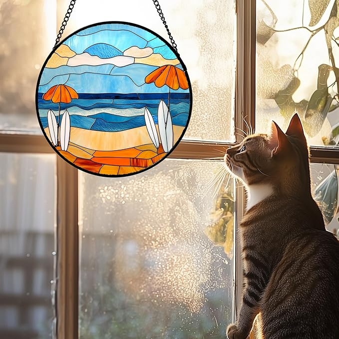 AMDERVEN Stained Glass Window Hanging 4 Pcs Set Blue Ocean Surfing Beach 9.8" - Suncatcher Door Garden Sun Catcher Decor Birthday Mother's Day for Firefighte Men Woman Nana Mom