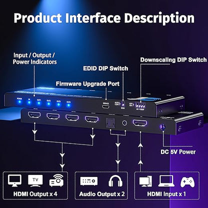 JCHICI 1x4 HDMI Splitter 4K@60Hz 4:4:4 HDR - with Audio Extractor (Optical/3.5mm), HDMI Switcher Splitter with EDID Management & Downscaler, HDCP 2.2 Compatible for PS5/Xbox/Apple TV (18Gbps)