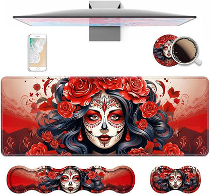 4 in 1 Ergonomic Keyboard Wrist Rest & Mouse Pad Wrist Rest Set, Large XXL Gaming Desk Mat 31.5"x 11.8" with Non-Slip Base, Memory Foam for Home Office Study Gaming, Sugar Skull Girl Roses